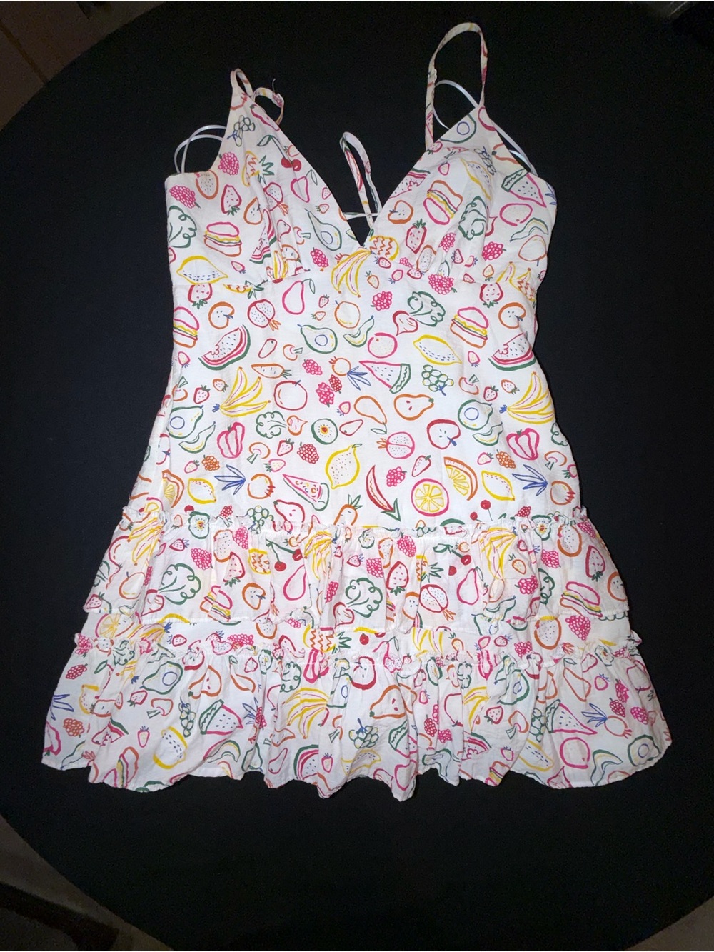 AQUA Bloomingdale’s Fruit Print Tiered Mini Dress Lace Up Back M